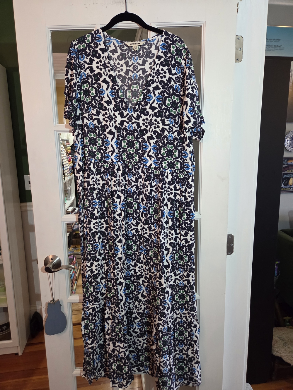 Boden Floral Midi Dress in Navy, White, Blue, Green - Size 14R